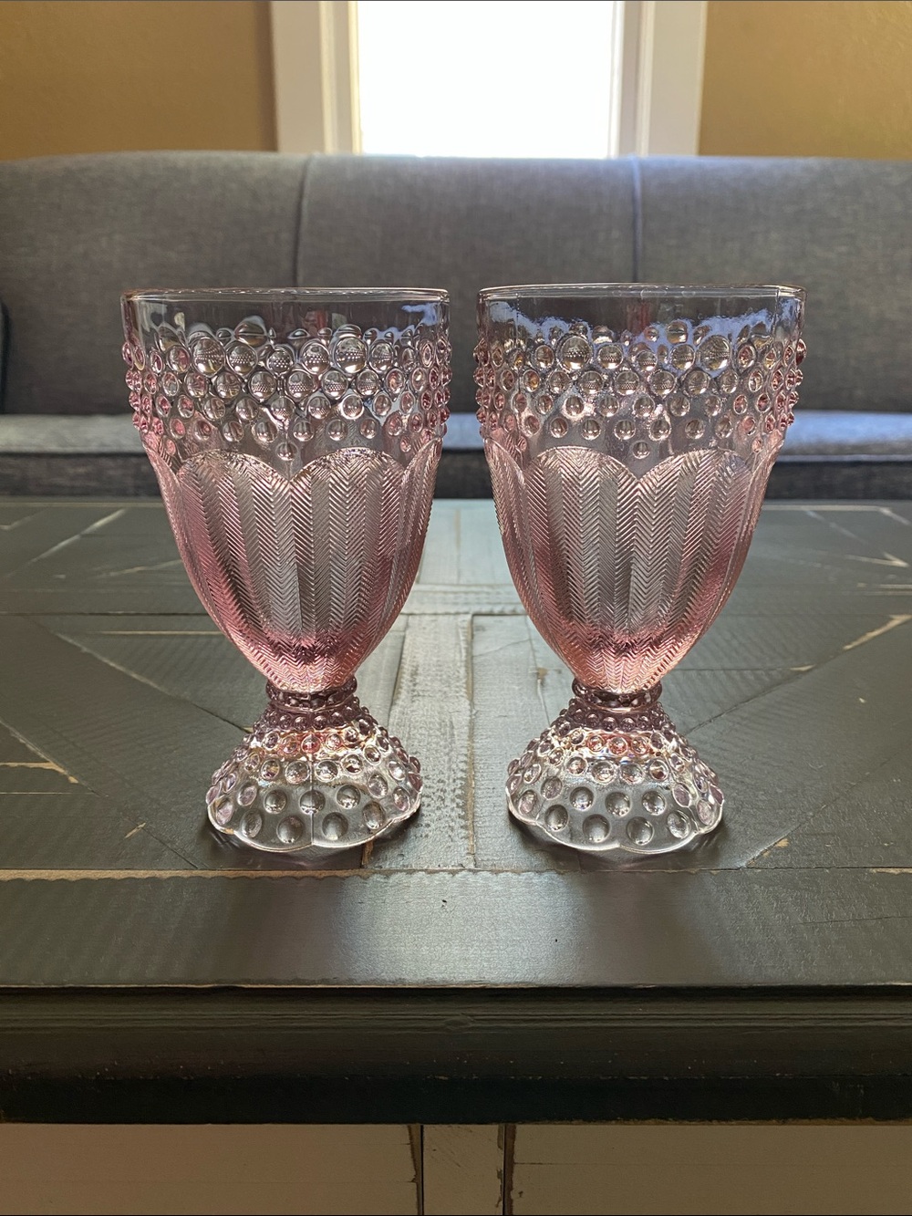 🩷Vintage🩷Gorham Emily’s Attic Pink Hobnail & Herringbone Glass Goblet Pair
